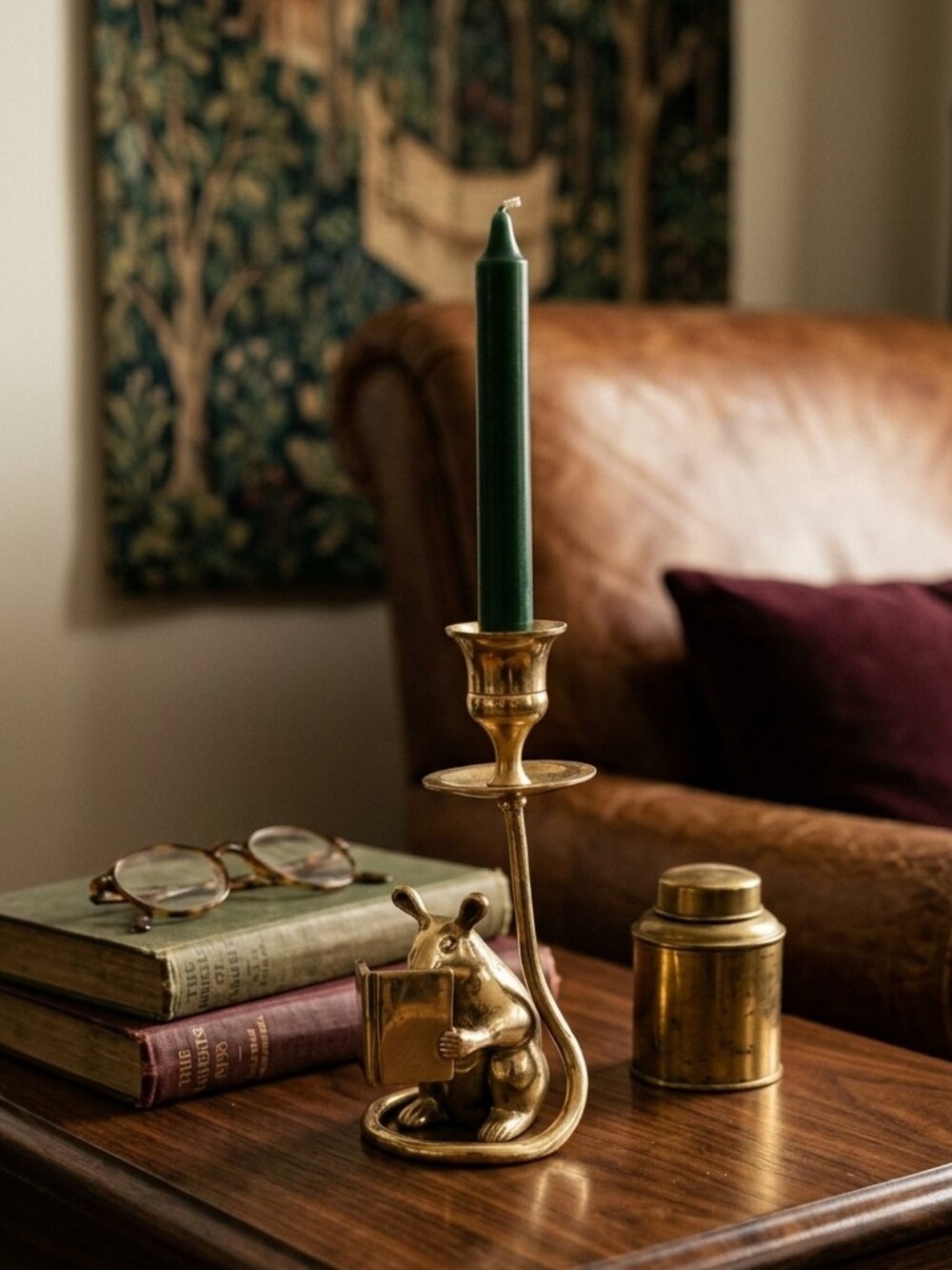 Vintage brass reading mouse taper candlestick holder Bookworm Gift